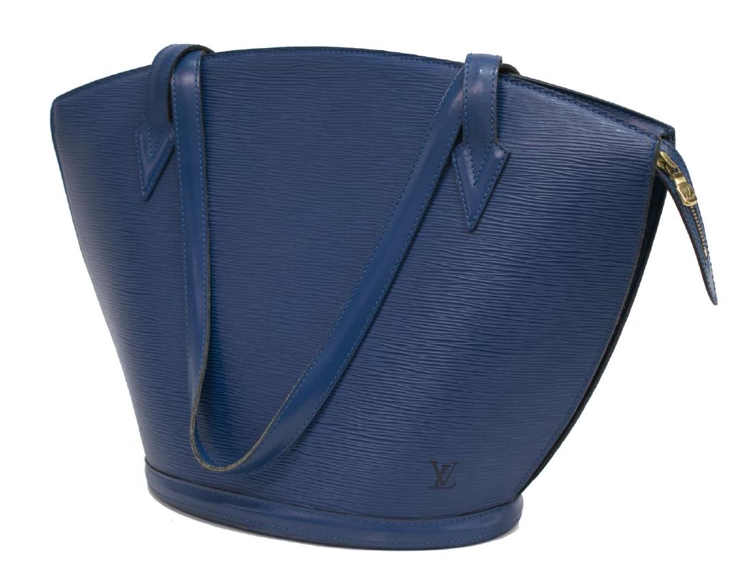 LOUIS VUITTON ST JACQUES GM EPI LEATHER HAND BAG: Louis Vuitton "Saint Jacques GM" shoulder bag in blue Epi leather, dual shoulder straps, zipper closure opening to lined interior featuring single zip pocket, handles and top with creasing and wear al