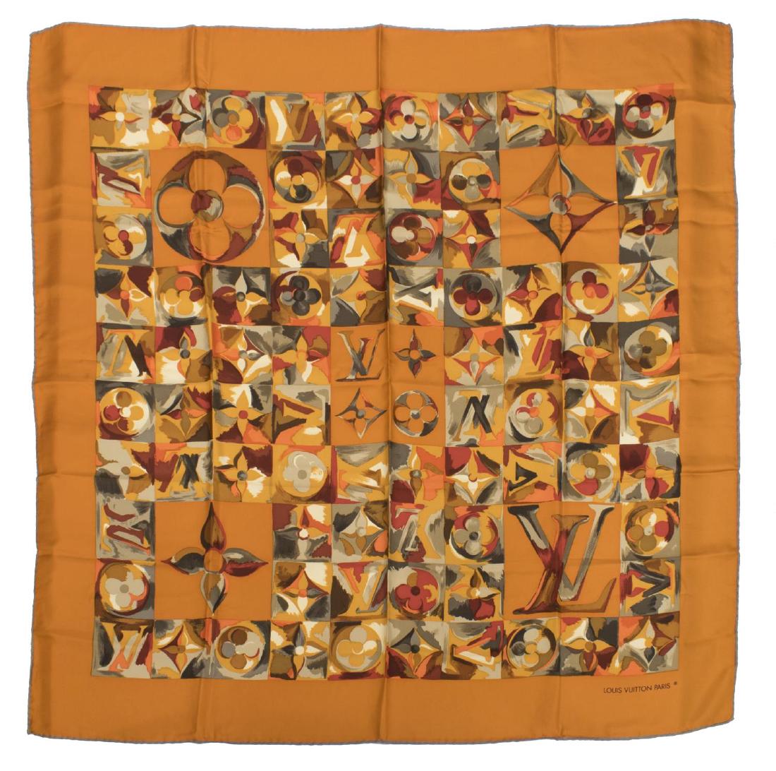 LOUIS VUITTON GOLDEN PAINTED MONOGRAM PRINT SCARF: Louis Vuitton golden painted monogram print silk scarf in oranges, browns and gold, rolled and stitched hem, retaining material care tag, 35"sq, 0.25lbs *Provenance: Luxury goods are offered in partne