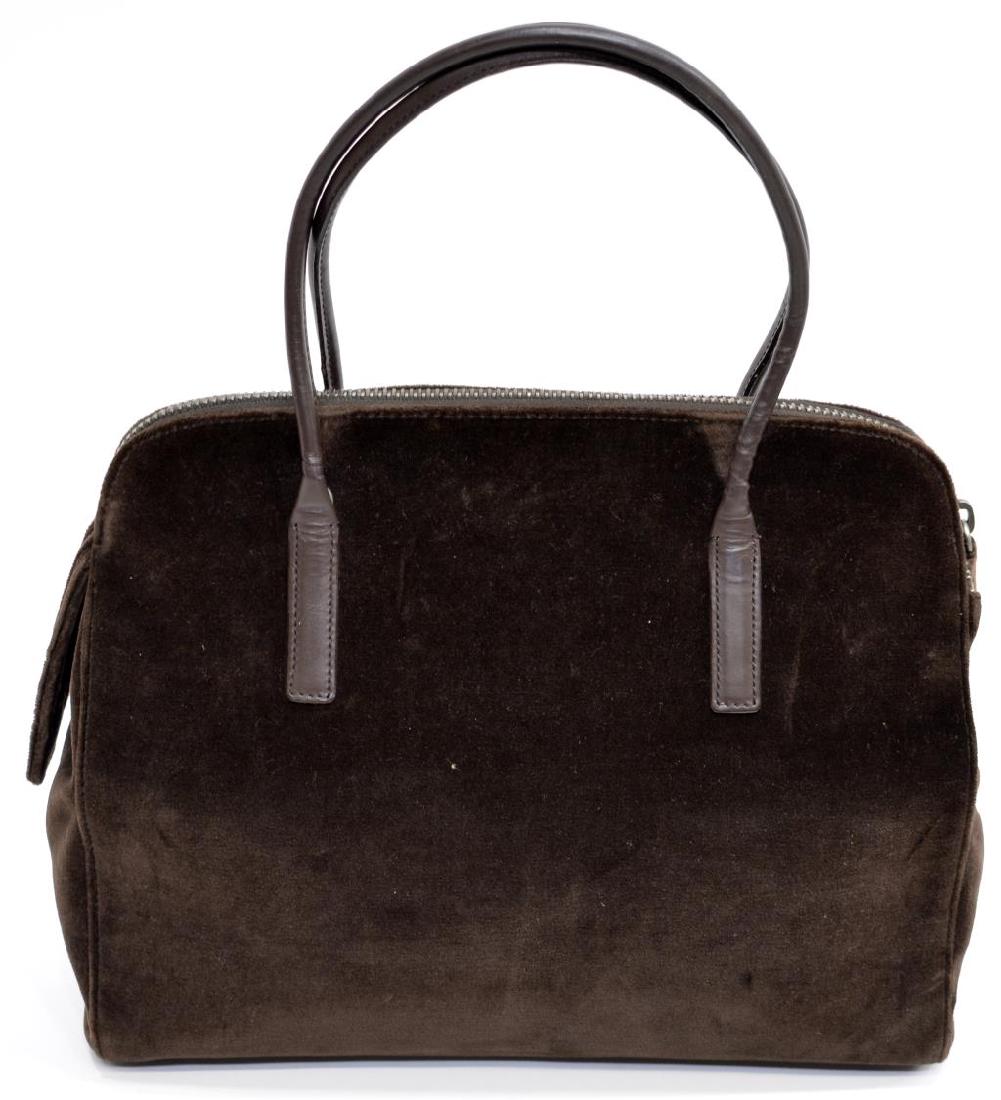 PRADA BROWN VELVET MEDIUM TOTE BAG: Prada medium tote bag in brown velvet, with antiqued silver tone hardware, having double rolled leather handles, zipper opening to black Prada jacquard lined interior with zipper pocket, retains dust
