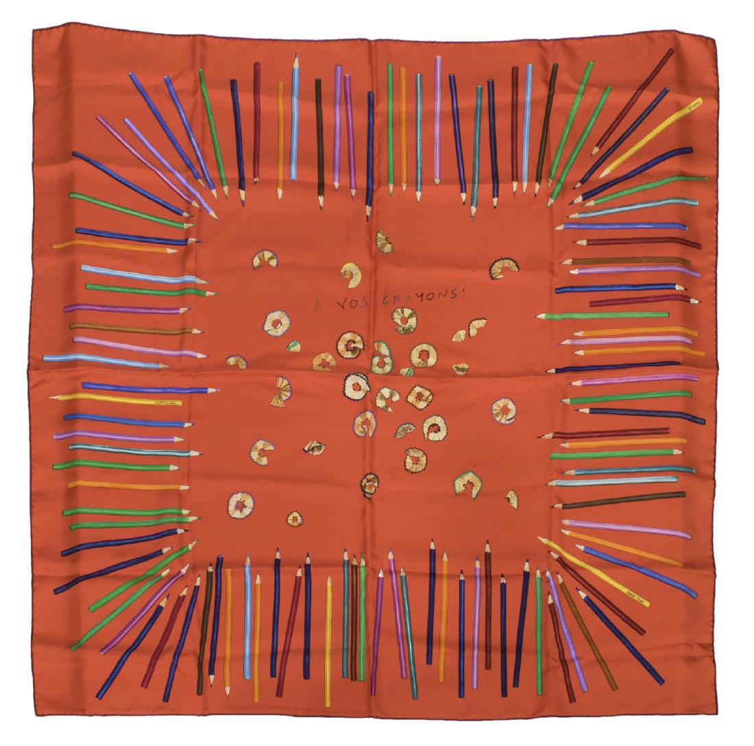 HERMES SILK SCARF, 'A VOS CRAYONS', LEIGH COOKE: Hermes silk twill square scarf, "A Vos Crayons" original design by Leigh Cooke, multicolor on an orange ground, retaining material care tag,approx 34" sq, 0.25lbs *Provenance: Luxury goods are offered