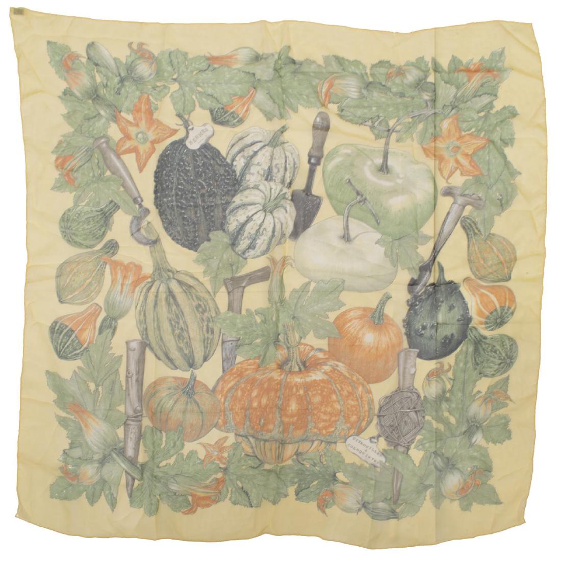 HERMES 'CITROUILLES & COLOQUINTES' SILK SCARF: Hermes 100% silk square scarf, 'Citrouilles & Coloquintes', original design by Valerie Dawlat -Dumoulin, in beige, browns and greens, some light spotting near edge, approx 34" sq, 0.25lbs *Provenance: