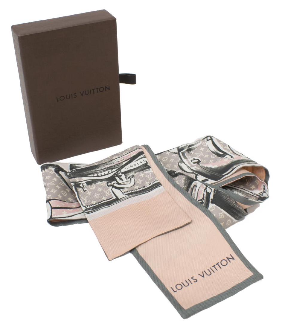LOUIS VUITTON SILK TWILLY SCARF WITH BAG MOTIF: Louis Vuitton "Twilly" silk scarf with printed images of monogram travel bags and trunks in pinks, grays, and black, solid pink reverse, retains box, 47.75"w, 3"d, 0.25lbs *Provenance: Luxury goods ar