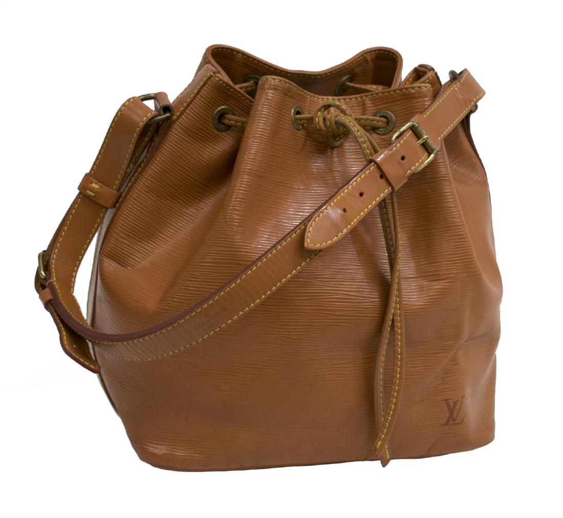 LOUIS VUITTON 'NOE PM' EP LEATHER NOE BUCKET BAG: Louis Vuitton "Noe PM" drawstring bucket bag in tan / gold Epi leather, leather adjustable strap and trim, gold tone hardware, drawstring top opening to a dark green interior with zip pocket and key t