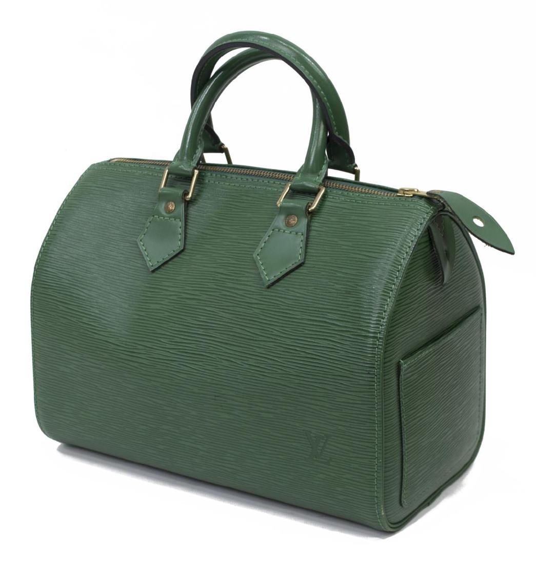 LOUIS VUITTON 'SPEEDY 25' GREEN EPI LEATHER BAG: Louis Vuitton "Speedy 25" handbag in green Epi leather, gold tone hardware, having double rolled top handles, slot pocket to side, zip top opening hanging pocket and key ring, very minor wear to edges
