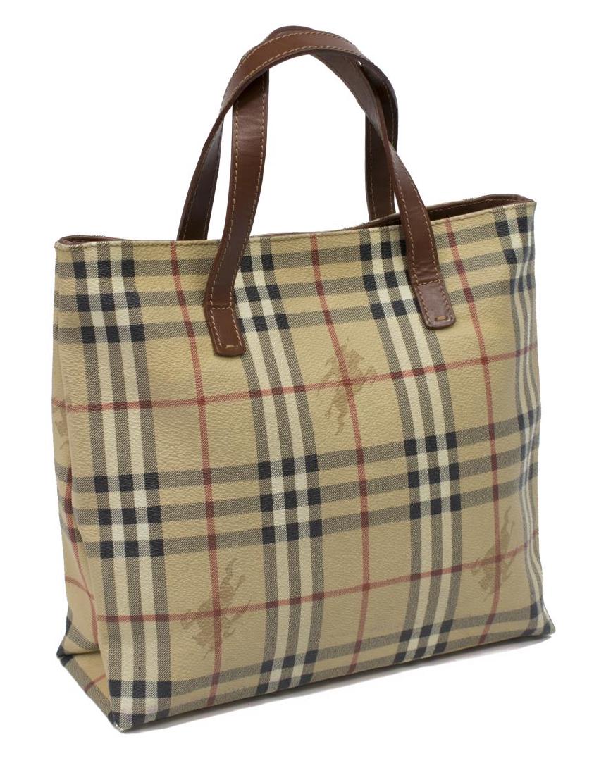 BURBERRY HAYMARKET NOVA CHECK TOTE BAG: Burberry Haymarket nova check tote bag, coated canvas with brown leather handles, brass-tone hardware, dual flat top handles, magnetic snap closure, opening to textile-lined interior with zipper pocke
