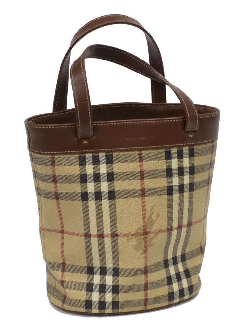 BURBERRY SMALL NOVA CHECK CANVAS TOTE BAG: Burberry small tote bag in Nova Check coated canvas, having gold tone hardware, brown leather double flat top handles and trim, opening to Burberry textile lined interior with zipper pocket, accompani
