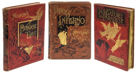 (3) GUSTAVE DORE ILLUSTRATED DANTE & MILTON BOOKS: (lot of 3) Oversize books, both illustrated by M. Gustave Dore (French, 1832-1883) and published by Belford, Clark & Co., Chicago, 1886, gilt accented red cloth covers, gilt edge pages: (1) Dante's"Pu