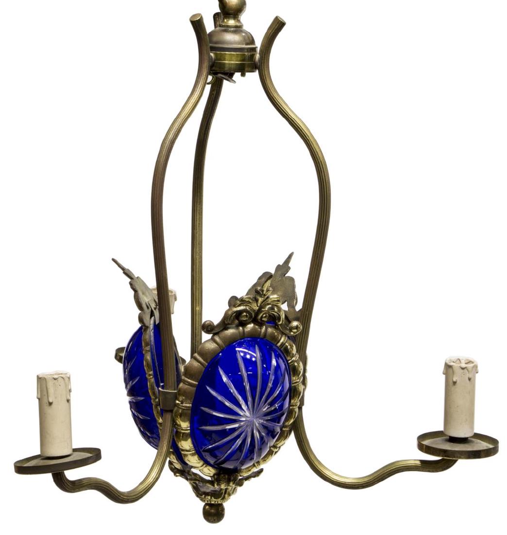 ITALIAN BRASS & BLUE GLASS THREE-LIGHT CHANDELIER (1 of 3)