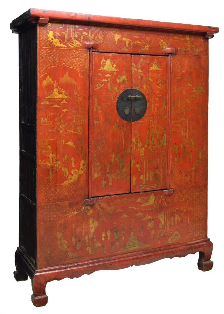 CHINESE PARCEL GILT TWO DOOR RED LACQUER CABINET (1 of 3)