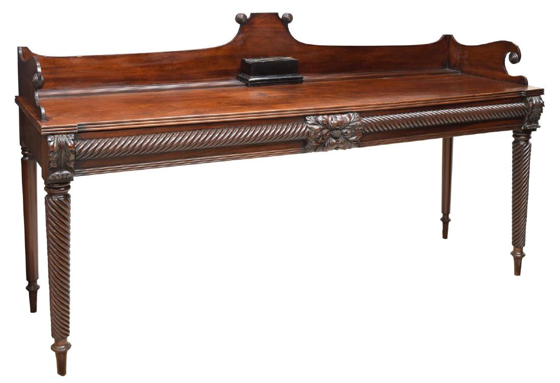 GEORGE IV MAHOGANY TWIST LEG SIDEBOARD: George IV mahogany sideboard, mid 19th c., the rectangular top with a pediment back and scrolled side rail, two frieze drawers separated by foliate carving, all rising on tapered spiral twist legs wit