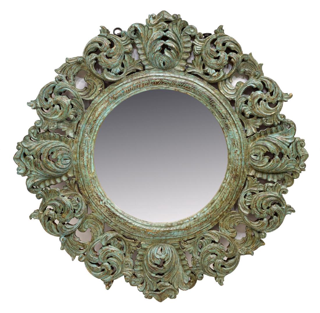 LARGE HEAVILY CARVED FOLIATED PAINTED WALL MIRROR (1 of 3)