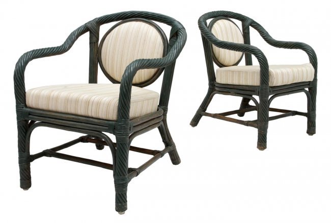 (PAIR) GREEN RATTAN ARM CHAIRS (1 of 2)