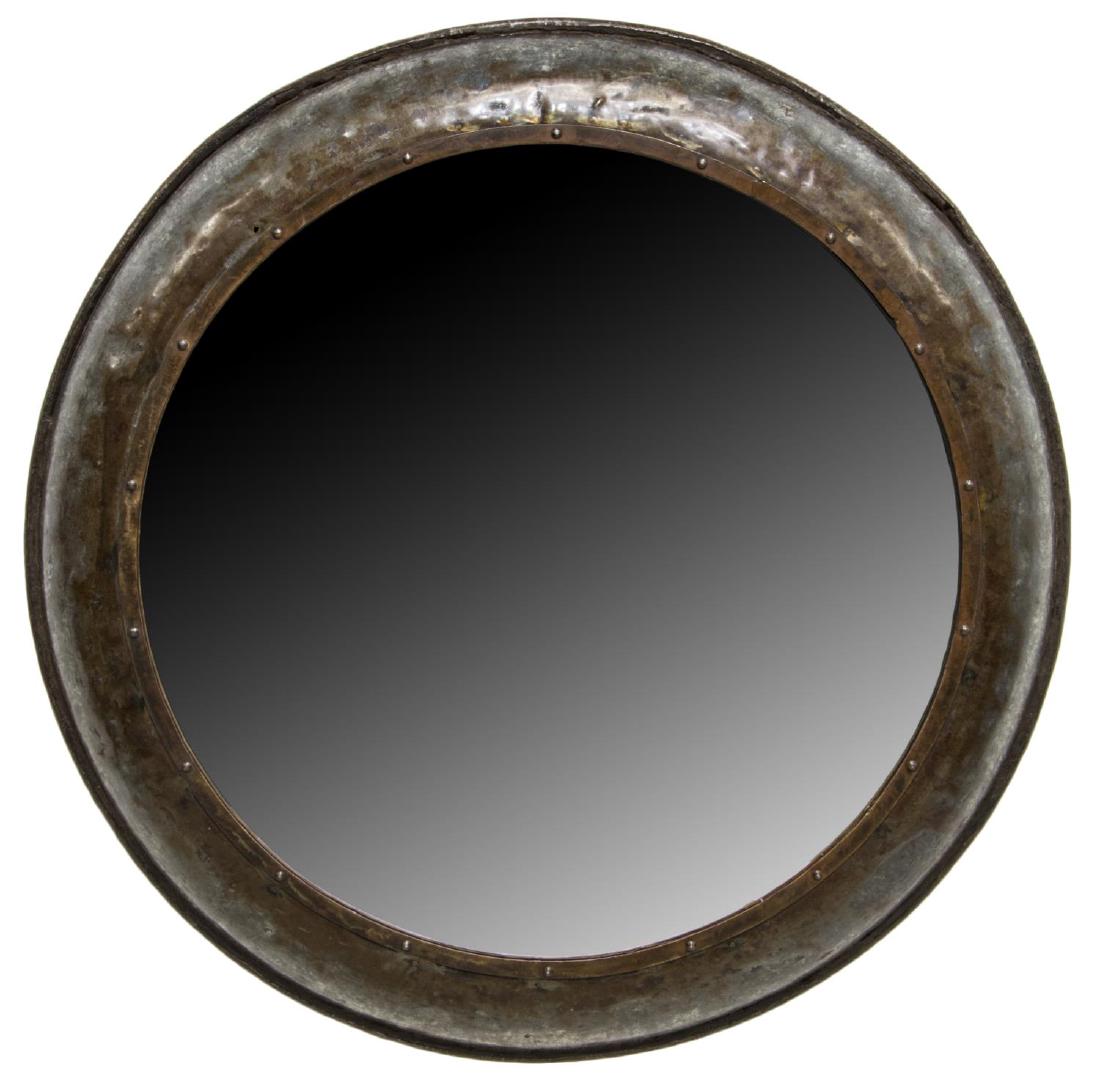 LARGE INDUSTRIAL IRON FRAMED CIRCULAR WALL MIRROR (1 of 2)