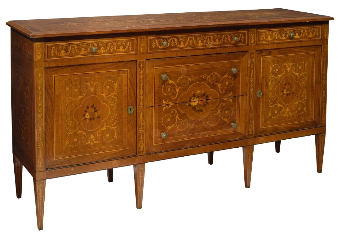 MAGGIOLINI STYLE MAHOGANY MARQUETRY SIDEBOARD: Maggiolini style sideboard, Italy, 20th c., having mahogany case with contrast scrolling foliate and floral marquetry, fitted with three stacked drawers center, flanked on either side by drawers over 