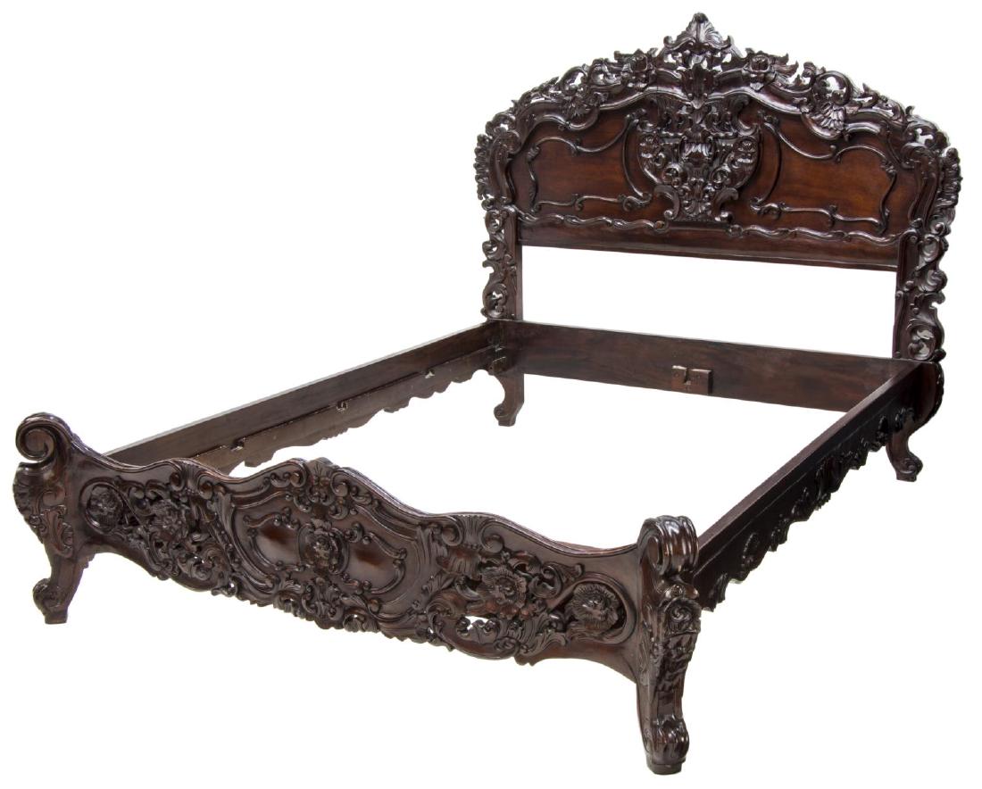 HAND-CARVED MAHOGANY ROCOCO STYLE QUEEN SIZE BED (1 of 3)