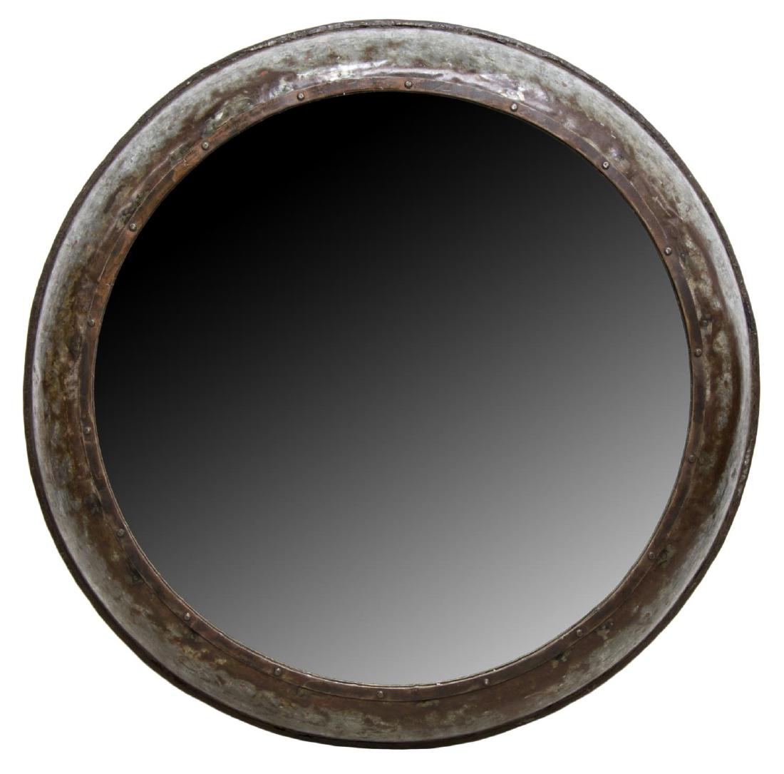 LARGE INDUSTRIAL IRON FRAMED CIRCULAR WALL MIRROR (1 of 2)