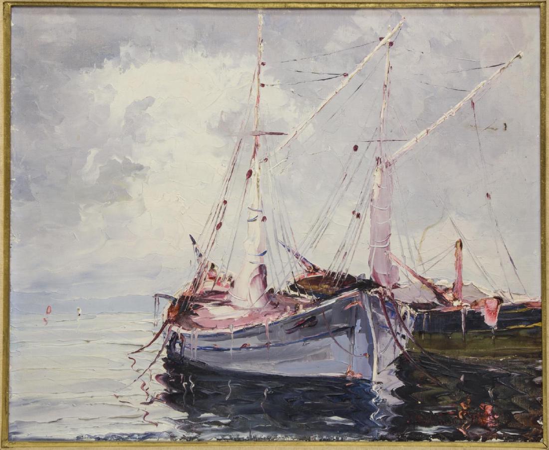 FRAMED PAINTING ON CANVAS, BOAT, SIGNED (1 of 5)