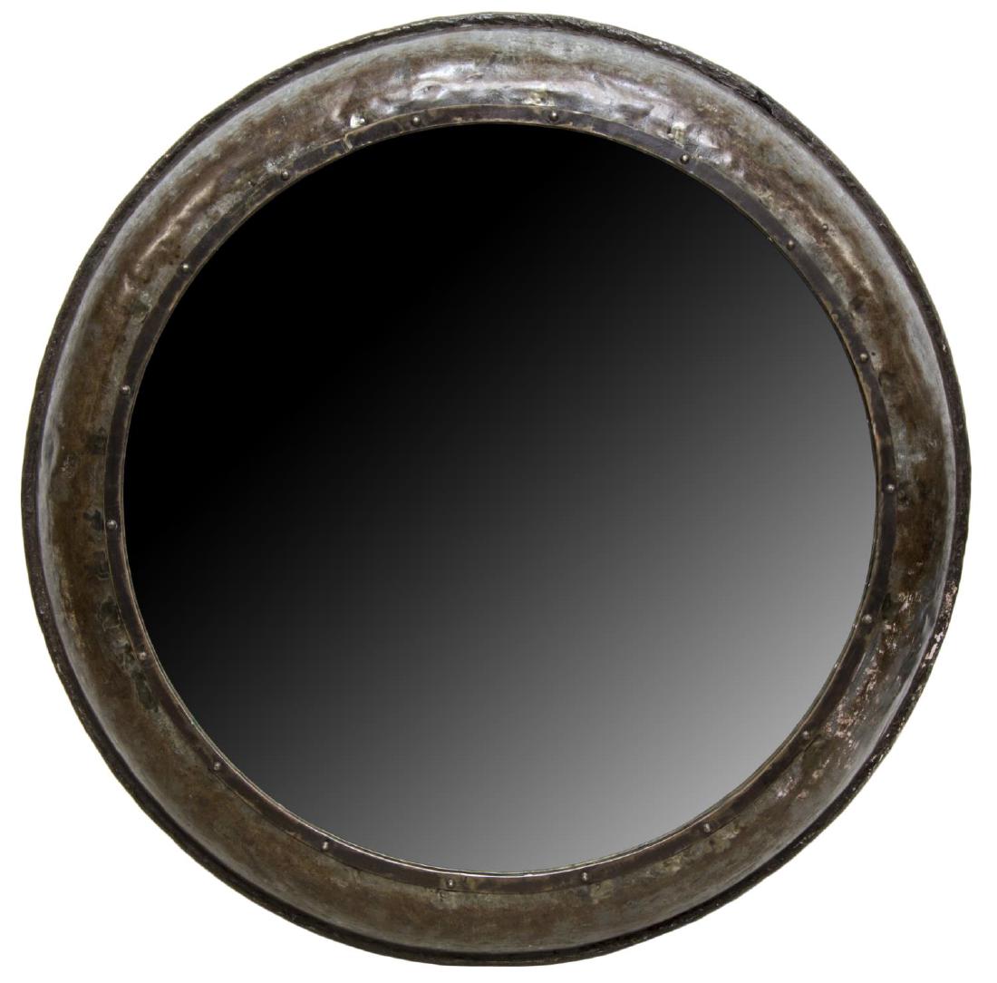 LARGE INDUSTRIAL IRON FRAMED CIRCULAR WALL MIRROR (1 of 2)