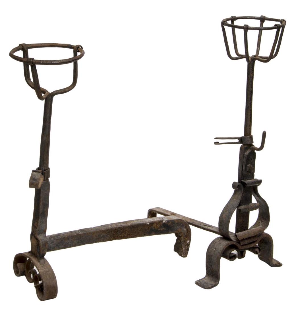 (2) LARGE WROUGHT IRON ANDIRON WITH PEAT BASKET (1 of 2)