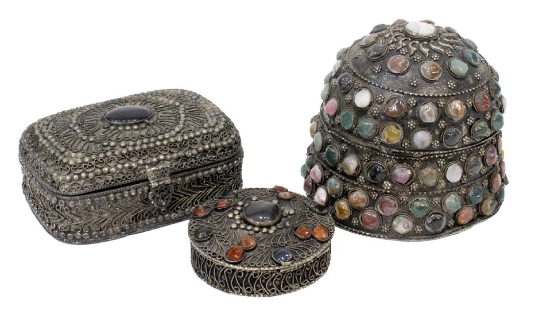 (3) AGATE INLAID SILVER TONE FILIGREE METAL BOXES (1 of 4)