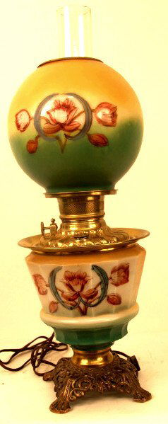 GONE WITH THE WIND LAMP ELECTRIFIED: A Gone With The Wind style lamp with original shade and base. Rewired. About 22.5"H X 8"D and 5.5lbs.