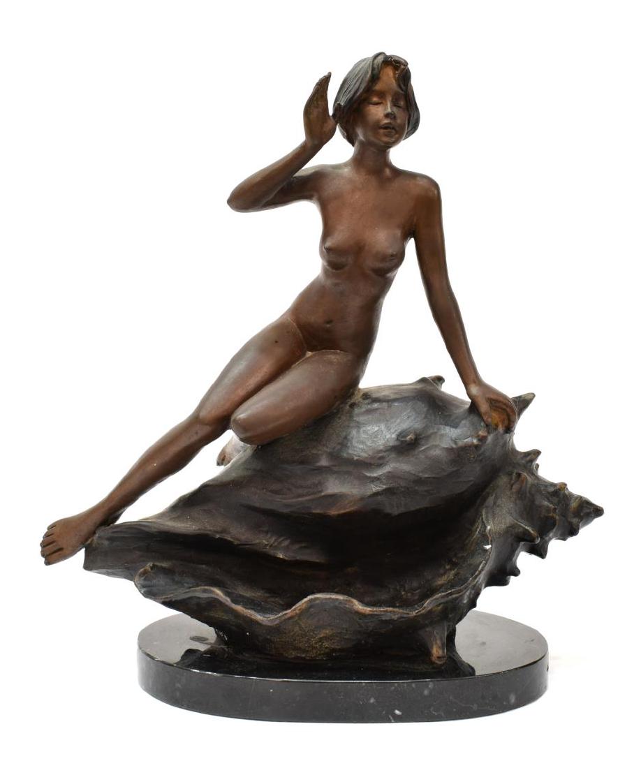AFTER AUGUSTE MOREAU(1834-1917) BRONZE NUDE FIGURE: Bronze marble mounted nude female figure resting on a large conch shell, likely after and signed at the back A. Moreau (Auguste Moreau (French, 1834-1917), bronze 12.25"h, 12"w, 7"d, marble: .75"h, to