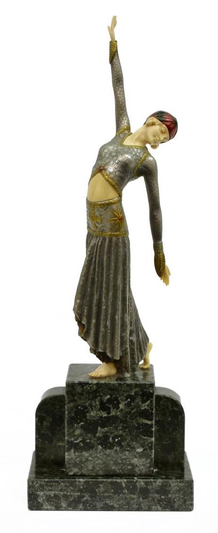 AFTER DEMETRE CHIPARUS (1886-1946) DECO FIGURE: Art Deco style silvered metal and bone figure, "Footsteps", after the original by DemÃ©tre Haralamb Chiparus, Romania, 1886-1947), restoration to hands, both are right hands, loss to two fingers, fi