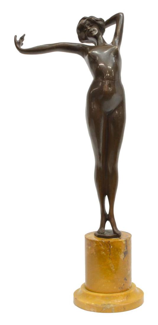 AFTER PAUL PHILIPPE(1870-1943)AWAKEING NUDE BRONZE: Bronze nude sculpture "Awakening" after a similar work by Paul Philippe (French, 1870-1930), unsigned, mounted on a circular marble pedestal, bronze: 12.75"h, overall: 16.6"h, 6.5"w, 4.5"d, total: 9 l