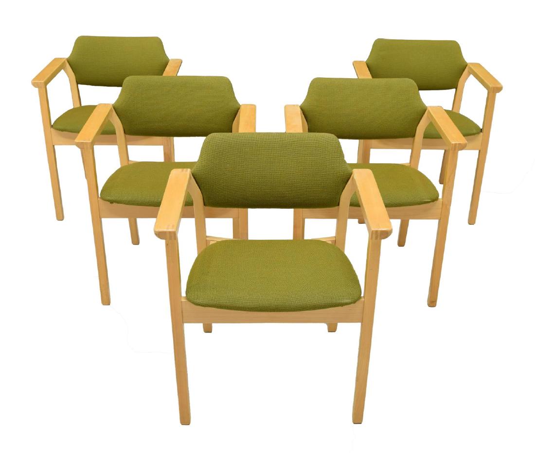 (5) DANISH MODERN BEECH WOOD ARM CHAIRS: (lot of 5) Danish modern beech wood arm chairs, an open back over green fabric upholstered seat, open arms, rising on square straight legs, approx 29"h, 23.75"w, 20"d Start Price: $150.00