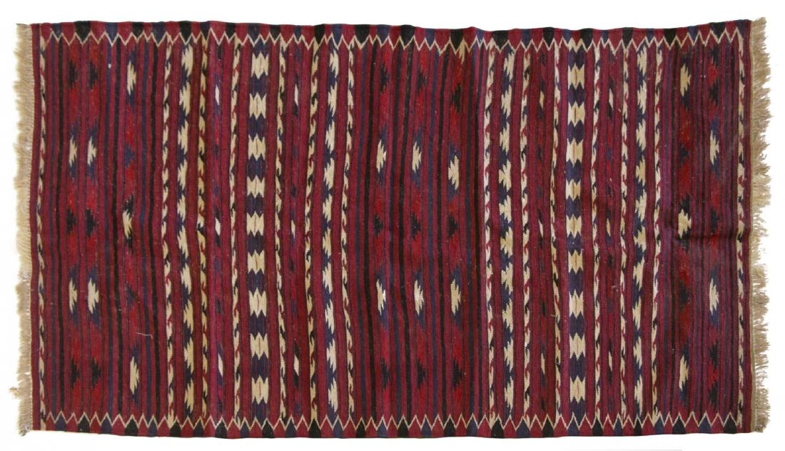 HAND-WOVEN AFGHAN JIJIM FLAT WEAVE RUG, 3'5"x6'1": Hand-woven Jijim flat weave rug, Afghanistan, with general wear, approx 3'5" x 6'1" *Provenance: From the collection of an American Architecture Professor teaching in Saudi Arabia. Many of the carpets