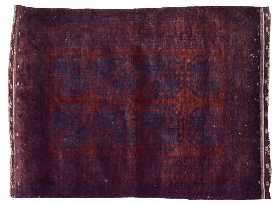 HAND-WOVEN AFGHAN RUG, 3'2" x 4'2": Hand-woven Afghan rug, with water damage, approx 3'2" x 4'2" *Provenance: From the collection of an American Architecture Professor teaching in Saudi Arabia. Many of the carpets were acquired from his