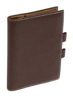 HERMES BOX MINI AGENDA COVER & ADDRESS BOOK: Hermes Box Mini agenda cover with address book, in dark brown Epsom leather, bifold opening to cigare brown interior, with address book, approx 5.25"h, 3.75"w, 0.5lbs *Provenance: Luxury goods are