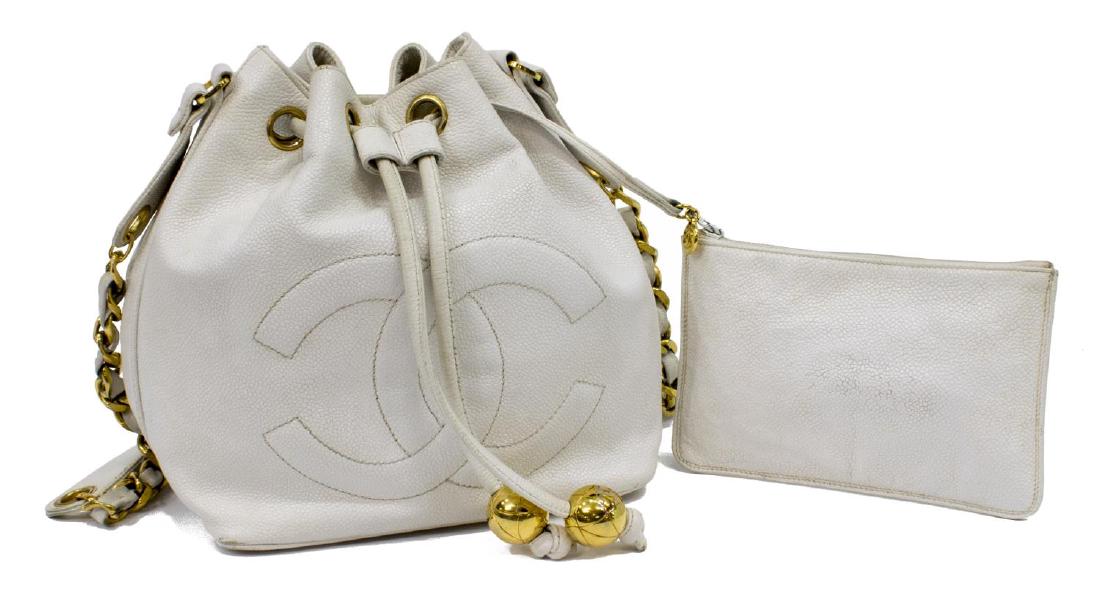 CHANEL WHITE CAVIAR LEATHER CC DRAWSTRING HANDBAG (1 of 4)