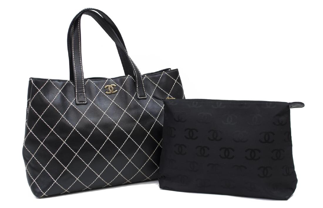 CHANEL BLACK LEATHER & BIG WHITE QUILT STITCH BAG (1 of 6)