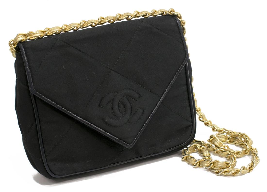 VINTAGE CHANEL BLACK QUILTED SATIN FLAP PURSE BAG (1 of 5)