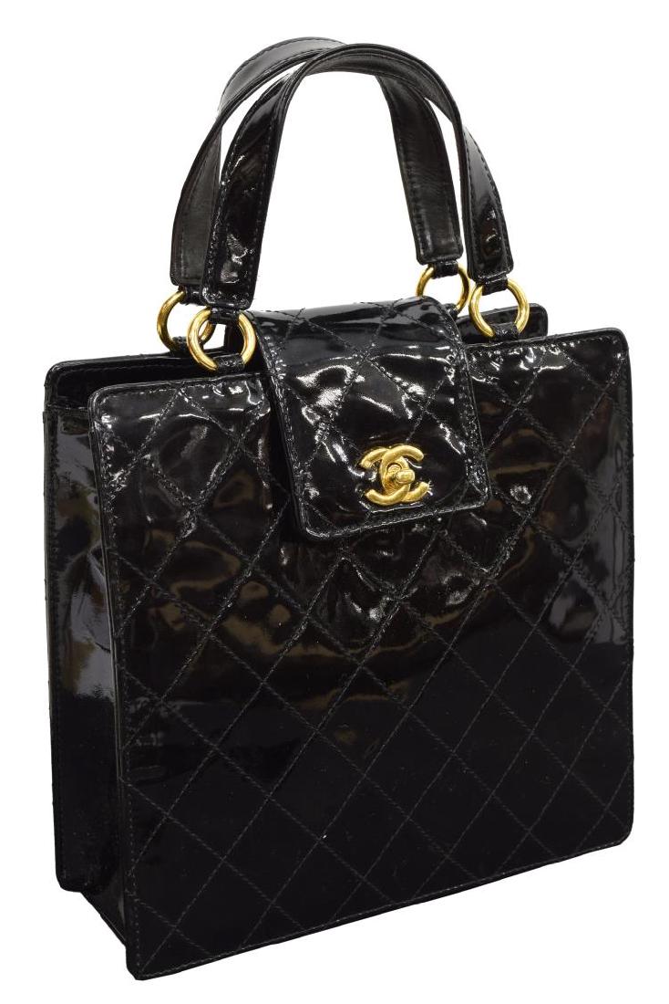 CHANEL QUILTED BLACK PATENT LEATHER HANDBAG (1 of 4)