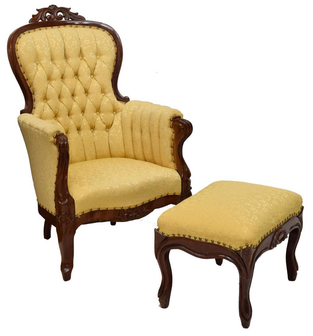 (2) VICTORIAN ARM CHAIR & FOOT STOOL (1 of 4)