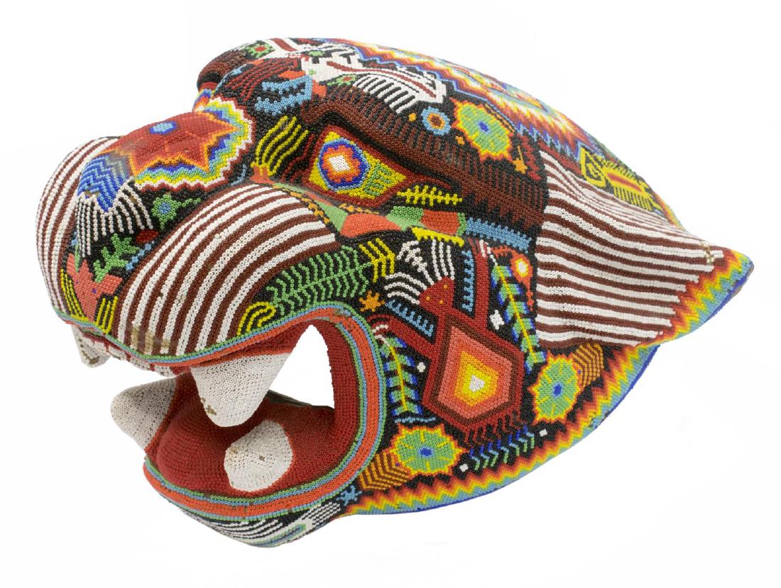 NATIVE AMERICAN CARVED WOOD & BEADED JAGUAR MASK (1 of 6)