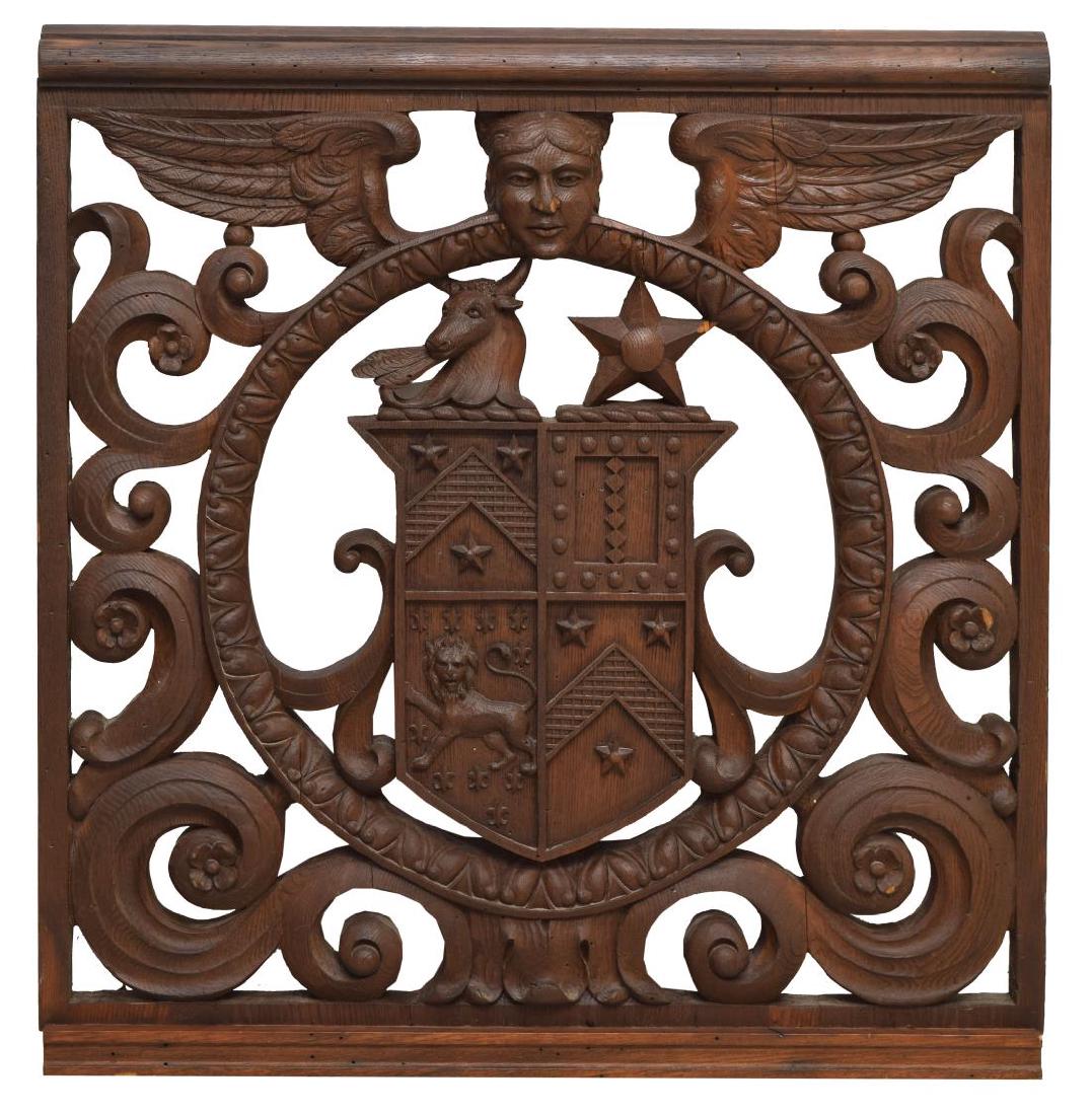 CARVED WOOD COAT OF ARMS ARCHITECTURAL ELEMENT (1 of 2)