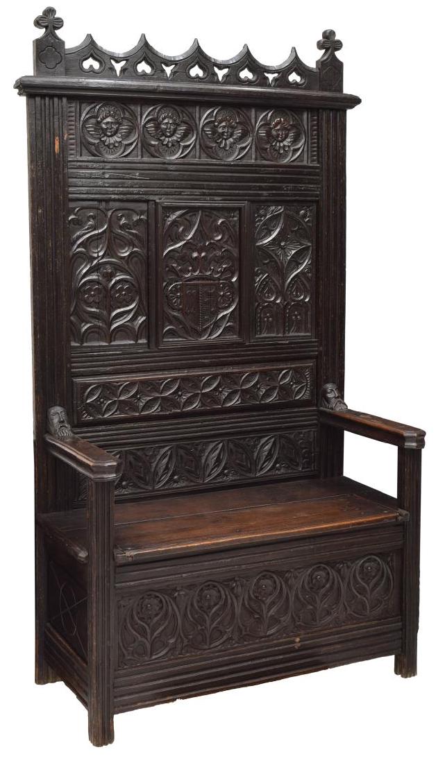 FRENCH GOTHIC REVIVAL OAK HALL BENCH (1 of 4)