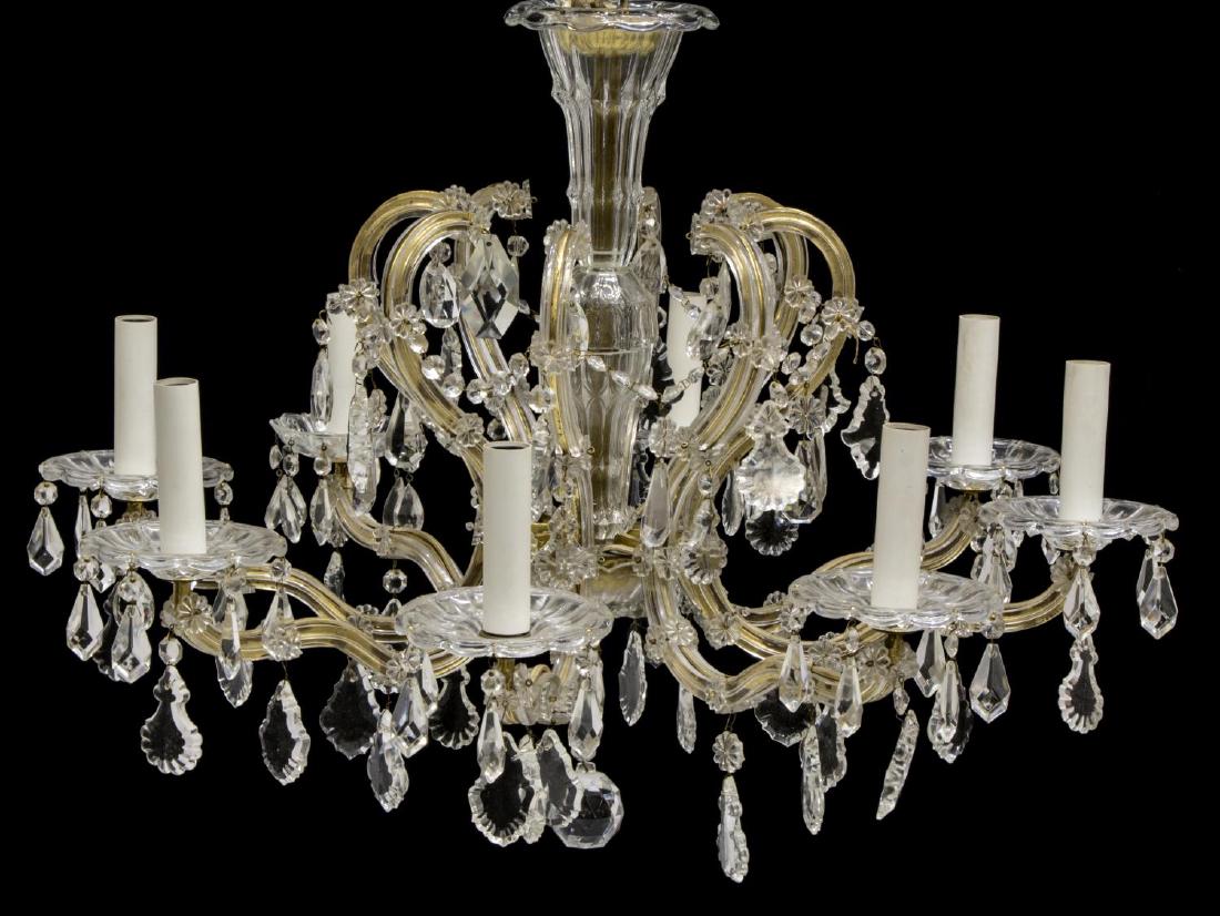MARIA THERESA STYLE EIGHT-LIGHT CHANDELIER, 20TH C: Maria Theresa style eight-light chandelier, 20th c., having central standard, issuing eight scrolling gold-tone metal arms encased with glass strips, terminating in glass bobeches with faux candles, a