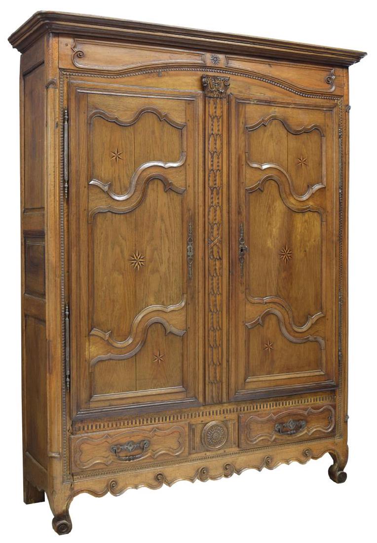 LOUIS XV OAK STAR INLAID TWO DOOR ARMOIRE, C. 1800 (1 of 5)