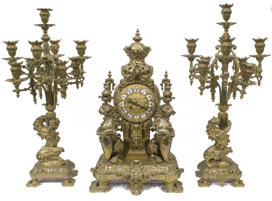 (3) C CELLIER GILT BRONZE MANTEL CLOCK & GARNITURE (1 of 8)