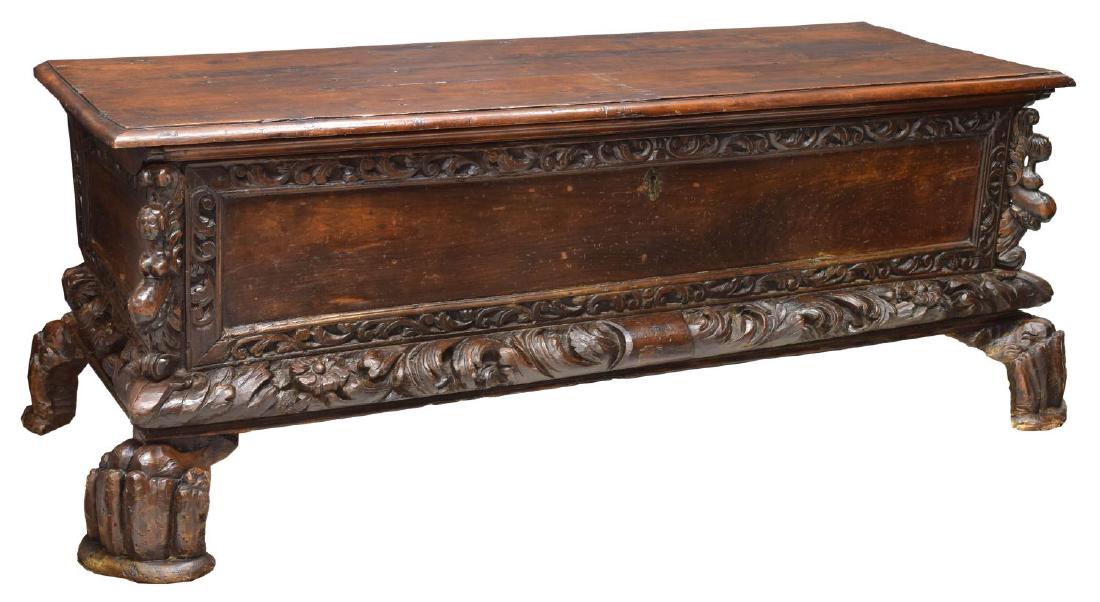 FOLIATE CARVED PAW FOOT CASSONE, 17TH/16TH C. (1 of 3)