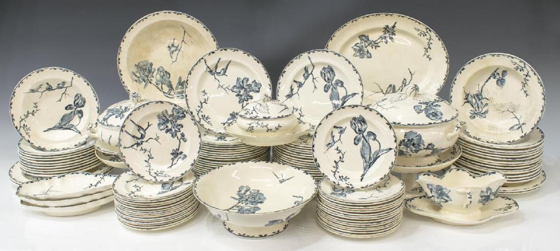 (119)EXTENSIVE FRENCH PRINTEMPS DINNER SERVICE: (lot of 119) Extensive Grand Depot De Porcelaines & Faiences "Printemps" dinner service, comprising: (45) dinner plates, 9 5/8" diam; (33) salad plates, 8" diam; (24) bowls, 9.5"diam; (1) lidded sauce