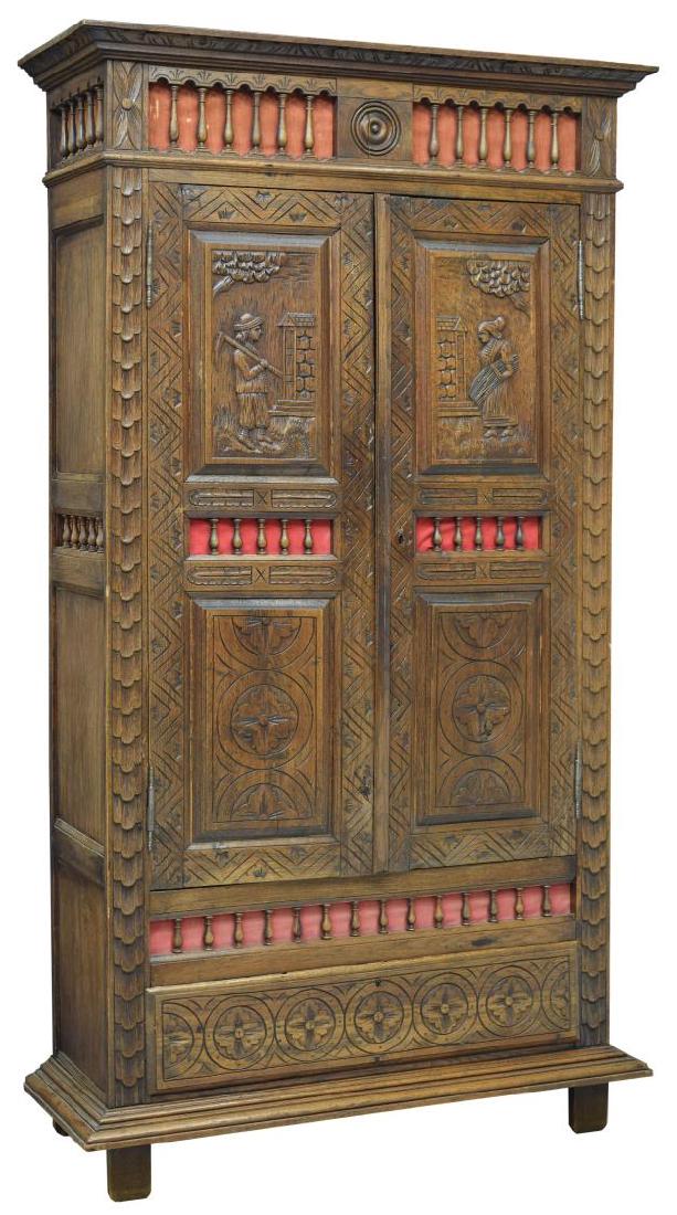 FRENCH FIGURAL CARVED BRETON CABINET (1 of 3)