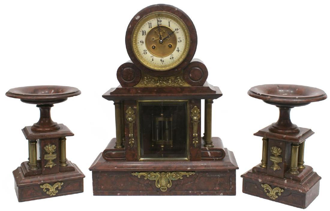 NAPOLEON III PERIOD MARBLE MANTEL CLOCK, GARNITURE (1 of 7)