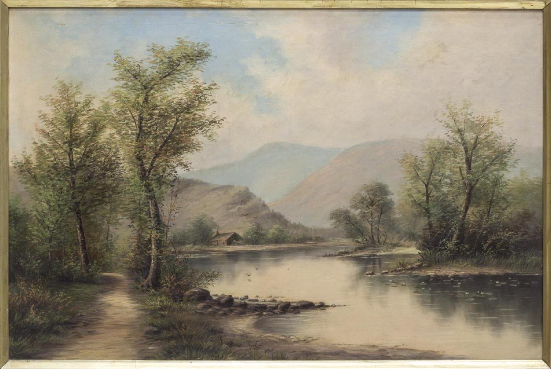 FRAMED OIL ON CANVAS PAINTING LANDSCAPE WITH CABIN (1 of 4)