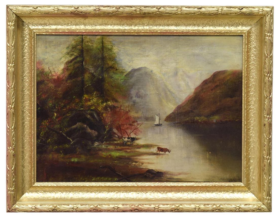 FRAMED OIL ON CANVAS PAINTING, LANDSCAPE WITH COWS (1 of 5)