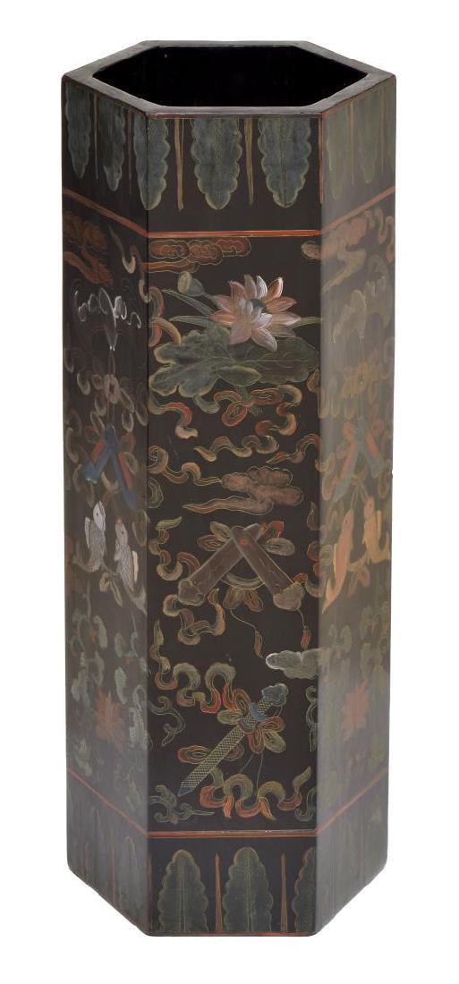 CHINESE BLACK LACQUER FLOOR VASE OR UMBRELLA STAND (1 of 2)